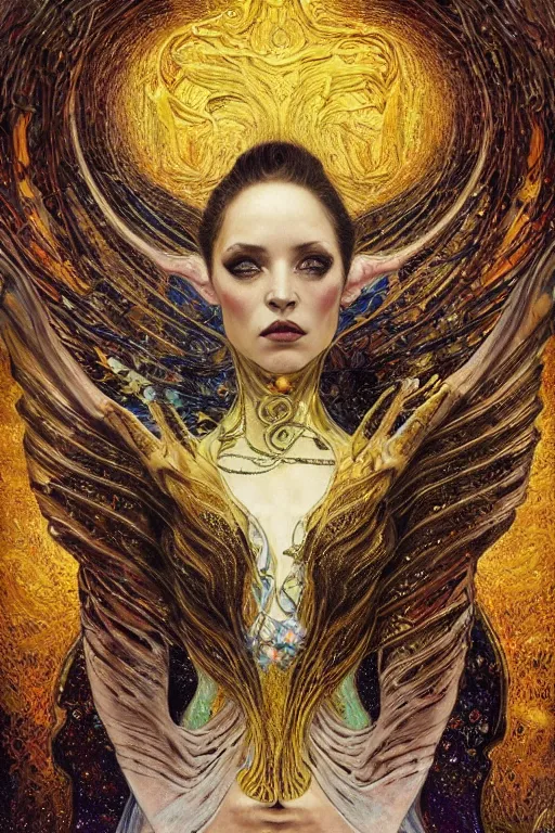 Image similar to Intermittent Chance of Chaos Muse by Karol Bak, Jean Deville, Gustav Klimt, and Vincent Van Gogh, trickster, enigma, Loki's Pet Project, Poe's Angel, Surreality, inspiration, imagination, muse, otherworldly, fractal structures, arcane, ornate gilded medieval icon, third eye, spirals