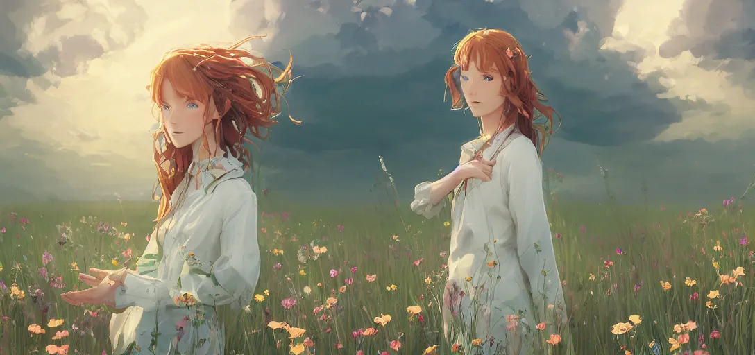 Image similar to a beautiful southern woman named Savannah, innocent, somber turquoise eyes, freckles, long ginger hair tied with white ribbon, relaxed in a field of flowers on a farm, gentle lighting, storm in the distance, western clothing, dress, digital art by Makoto Shinkai ilya kuvshinov and Wojtek Fus, digital art, concept art,