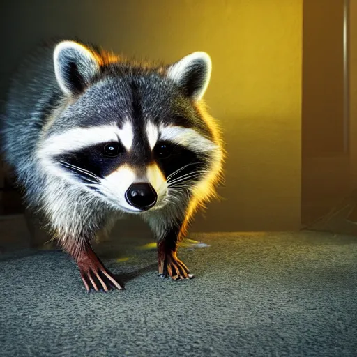 Image similar to a hyperrealistic octane render of a raccoon with camera lenses for eyes, photorealism, unreal engine, dramatic lighting, volumetric lighting, uplighting