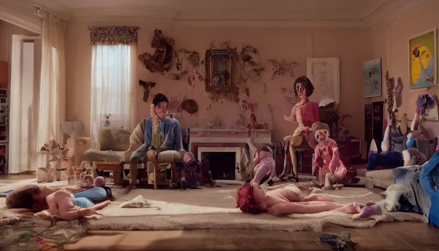 Prompt: movie still by alejandro jodorowsky of a beautiful day in a family living room in suburban usa, visible magic energy, dream creature costumes, floating train in the room, cinestill 8 0 0 t eastmancolor technicolor, high quality, very detailed, heavy grain, fine facial features, 8 k, octane render