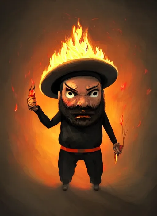 Prompt: grumpy man casting fire spell, black clothes, red beard, whimsical, in the style of justin sweet and craola, macro lens, shallow depth of field, highly detailed, digital painting, trending artstation, concept art, illustration, cinematic lighting, vibrant colors, photorealism, epic, octane render, magic the gathering artwork, centered