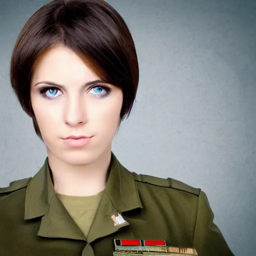 Image similar to brunette woman, bright green eyes, short hair, flipped out hair, military uniform, serious