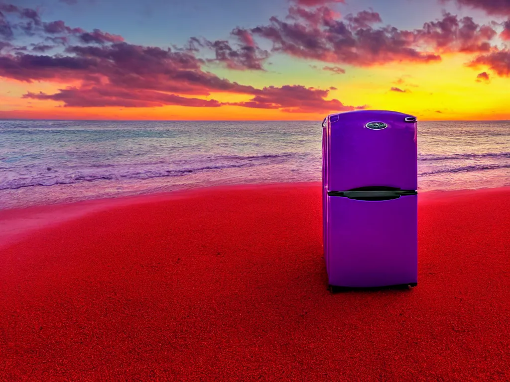 Image similar to purple refrigerator, red sand beach, green ocean, nebula sunset