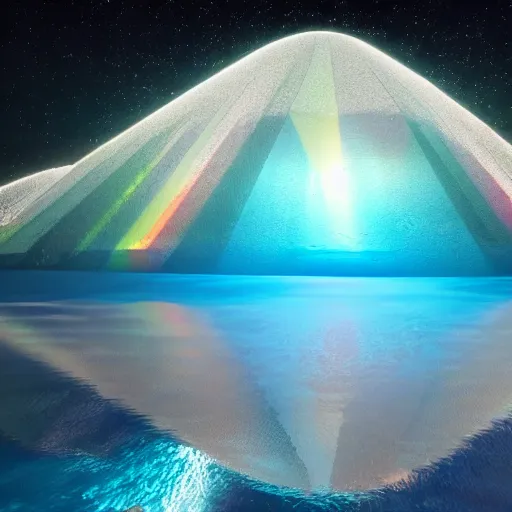 Prompt: Crystal rainbow waters refracting light of a galactic Atlantis beneath, award-winning render, Octane, raytracing