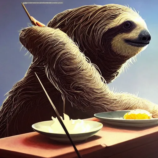 Image similar to detailed science - fiction character portrait of a sloth eating sushi, intricate, wild, highly detailed, digital painting, artstation, concept art, smooth, sharp focus, illustration, art by artgerm and greg rutkowski and alphonse mucha