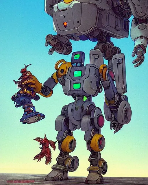 Image similar to bastion the friendly robot from overwatch, with his pet bird, character portrait, portrait, close up, concept art, intricate details, highly detailed, vintage sci - fi poster, retro future, in the style of chris foss, rodger dean, moebius, michael whelan, katsuhiro otomo, and gustave dore