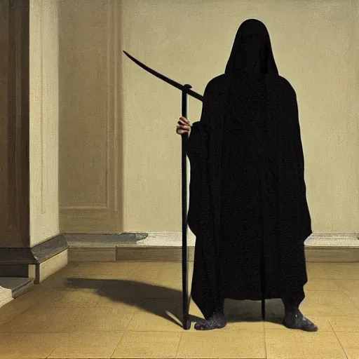 Image similar to the grim reaper standing stoic in black robe, holding scythe, waiting patiently, in a museum with paintings and people, perfect composition, by edmond leighton, simon stalenhag