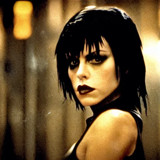 Image similar to a film portrait still of joan jett in blade runner, gritty cyberpunk atmosphere. realism, shiny, cinematic lighting, beautiful gothic fantasy photorealistic, 4 k. 8 mm. grainy. panavision.