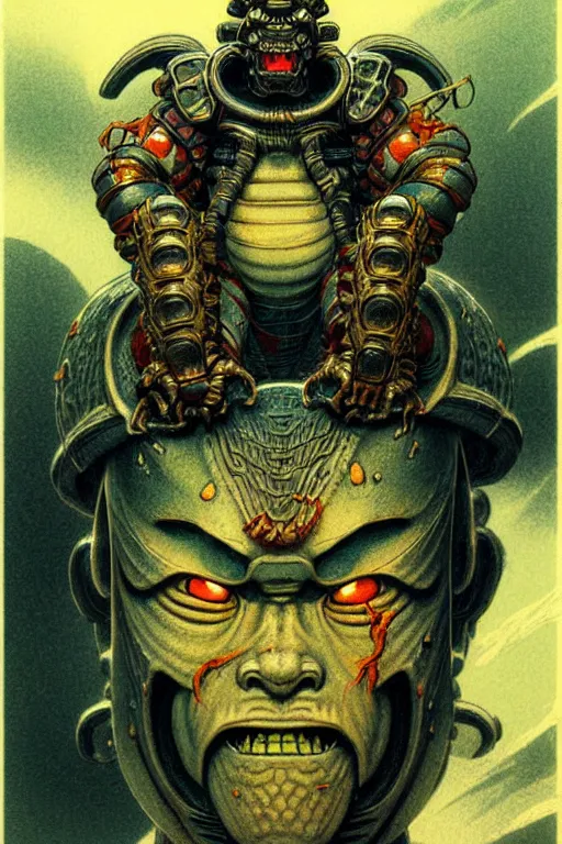 Prompt: japanese oni, character portrait, portrait, close up, concept art, intricate details, highly detailed, soft light, vintage sci - fi poster, in the style of chris foss, rodger dean, moebius, michael whelan, and gustave dore