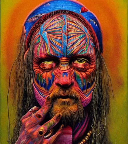 Image similar to Portrait painting in a style of Beksinski mixed with Alex Grey of an old shaman dressed in a colorful traditional clothes.