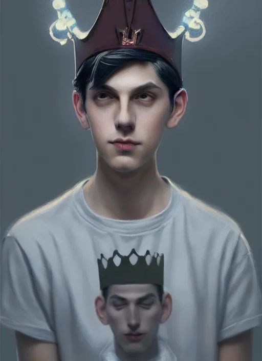 Prompt: portrait of teenage jughead jones wearing a light grey crown, photorealistic, crown, eyes closed, crown, black hair, intricate, elegant, glowing lights, highly detailed, digital painting, artstation, concept art, smooth, sharp focus, illustration, art by wlop, mars ravelo and greg rutkowski