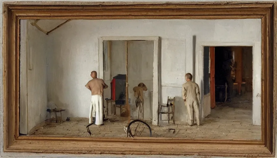 Image similar to painting by borremans, man back standing in front on the mirror and his back in the mirror with small village house and tiny modern car, detailed, stunning