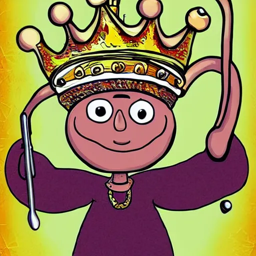 Image similar to kidney bean holding a staff, wearing crown, cartoon character, digital art, fun,