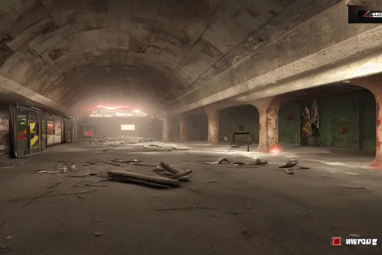 Prompt: ruined, abandoned, underground metro station, seen from inside. red flares on the ground is the only lightsource. Smoke. Dirt, leaves on ground. Unreal Engine. Substance painter. Zbrush. Trending on artstation. 8K. Highly detailed.