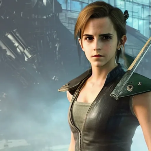 Image similar to emma watson in final fantasy vii remake, hair in a ponytail, character render, full body shot, highly detailed, in game render