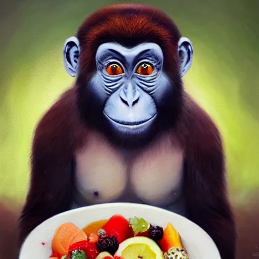 Prompt: a beautiful painting of a happy monkey with a plate full of fruits on top of its head, 4 k, detailed, artstation, 4 k, by greg rutkowski,