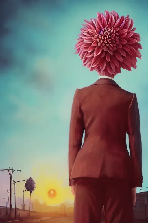 Image similar to closeup giant dahlia flower head, girl in a suit, standing in street, surreal photography, sunrise, dramatic light, impressionist painting, digital painting, artstation, simon stalenhag