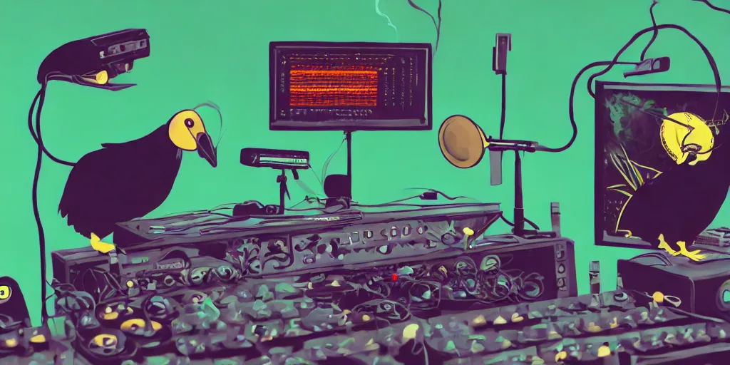 Image similar to 'black chicken'!!! smoking 'cannabis'!!!!!! in front of 'audio console'!!!! and 'multi monitors'!!!! 'in a hi-tech tv broadcasting studio'!!!!, artwork by James Gilleard