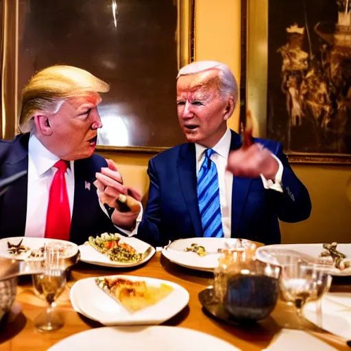 Image similar to Trump and Biden having dinner at a fancy Balinese restaurant, award winning photography, 85mm, perfect faces