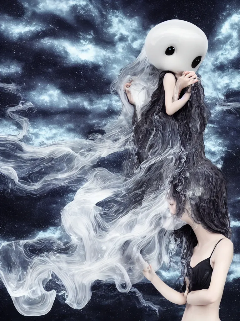 Image similar to cute fumo plush gothic translucent octopus maiden alien girl combing her hair in the waves of the wavering dark galactic abyss, ocean wave thunderstorm and reflective splashing water, black and white, ocean simulation, vignette, vray