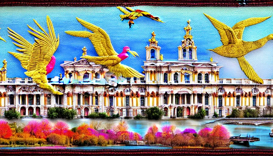 Prompt: HDR high resolution HD sharp 8x. building along a river, seen from the long distance. maximalist mixed media paper and baroque embroidery fabric collage. huge flamish baroque birds flying. childrenbook illustration in pastel tones. matte background.