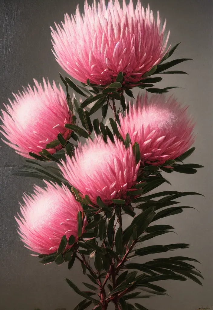 Image similar to detailed pink and white proteas against a black backdrop by ivan aivazovsky, detailed brush strokes, oil painting,, muted colours, artstation