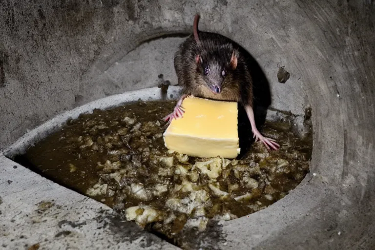 Image similar to a giant mutant disgusting rat eating cheese in a sewer, photograph, terror, horror, mutant, scary,