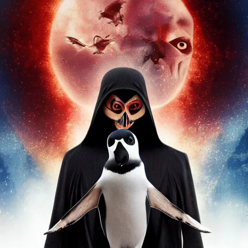 Image similar to end of days skeleton overlords enslaves penguin-human hybrids, epic movie poster, 4k, detailed