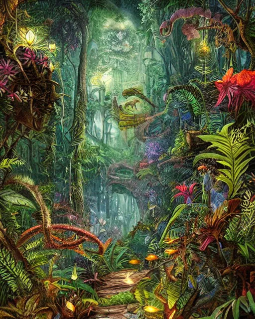 Prompt: photo of a beautifully rendered ancient magical jungle path with tall ferns and carniverous flowers and fireflies, deep rich colors, by android jones, detailed matte painting