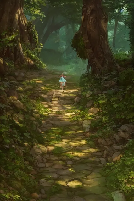 Prompt: forest path, fairy, beautiful ancient trees, hiding large treasure chest, serene evening atmosphere, soft lens, soft light, cel - shading, animation, in the style of cgsociety, deviantart, artstation, zbrush, cinema 4 d, studio ghibli, akihiko yoshida, atelier lulua, masamune shirow