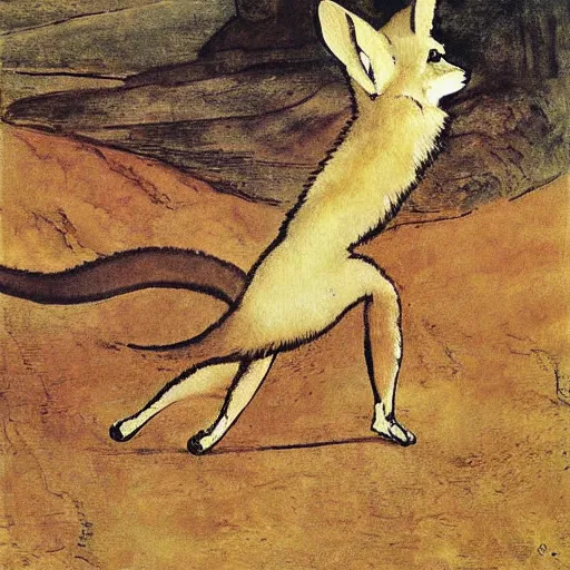 Prompt: a messy painting of a fennec hunting by egon shiele