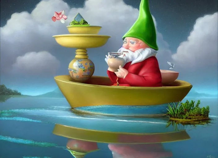 Image similar to a garden gnome sailing in a teacup, whimsical background of a reflective pond on a sunny day with dramatic clouds, an ultrafine detailed painting by mark ryden, trending on deviantart, pop surrealism, whimsical, lowbrow, joyous, perfect cute face