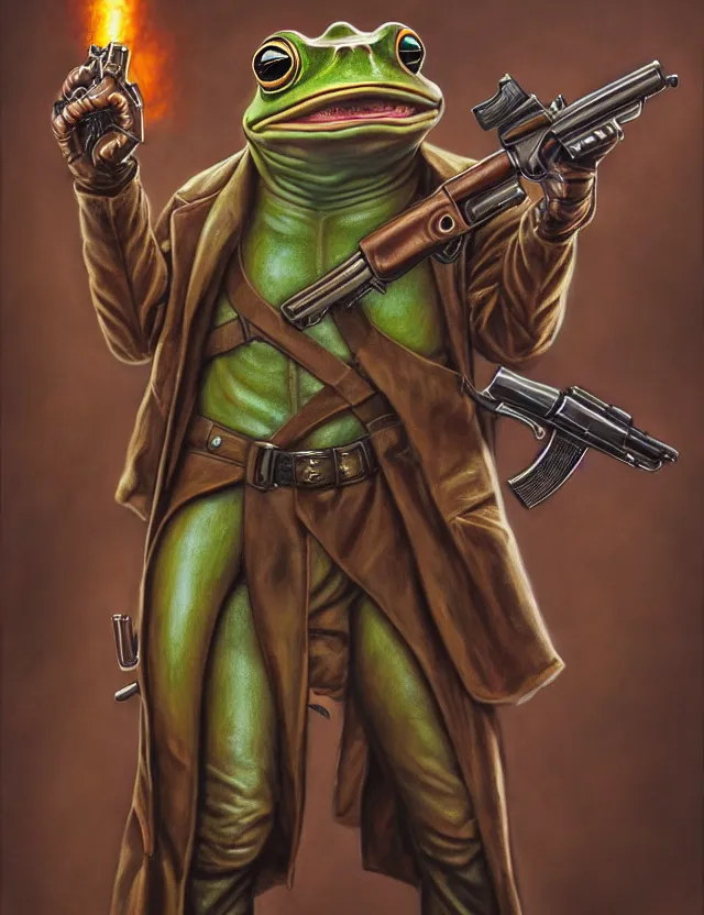 Prompt: anthropomorphic bipedal frog that is wearing a brown leather trenchcoat, and dual wielding revolver pistols, as a matte oil painting and d & d character art, by alex grey, retrofuturistic, science fantasy, standing, fullbody, concept art, award - winning, extremely detailed, sharp focus