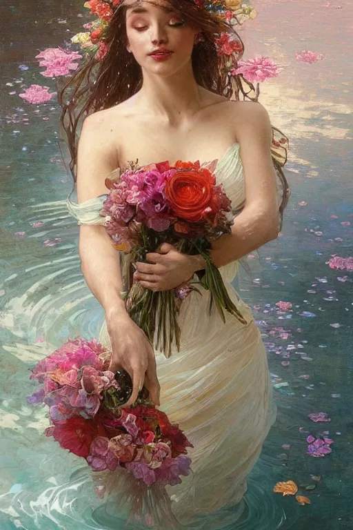 Prompt: portrait of a beautiful mysterious woman holding a bouquet of flowing flowers, hands hidden under the bouquet, lying half submerged in a pool of water, fantasy, regal, intricate, by stanley artgerm lau, greg rutkowski, thomas kindkade, alphonse mucha, loish, norman rockwell