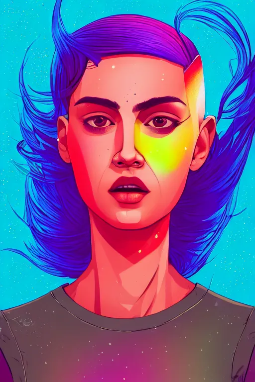 Prompt: a award winning half body portrait of a beautiful woman with stunning eyes in a croptop and cargo pants with rainbow colored ombre hairstyle head in motion and hair flying by josan gonzales, outrun, vaporware, shaded flat illustration, digital art, trending on artstation, highly detailed, fine detail, intricate