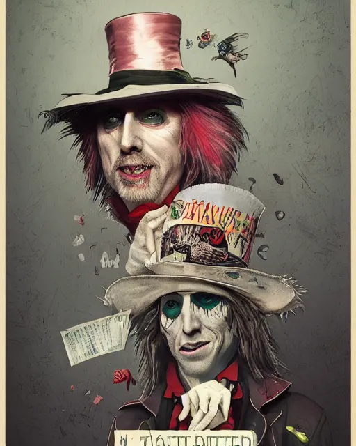 Image similar to tom petty as the mad hatter, contrast, kim jung gi, greg rutkowski, zabrocki, karlkka, jayison devadas, trending on artstation, 8 k, ultra wide angle, zenith view, pincushion lens effect