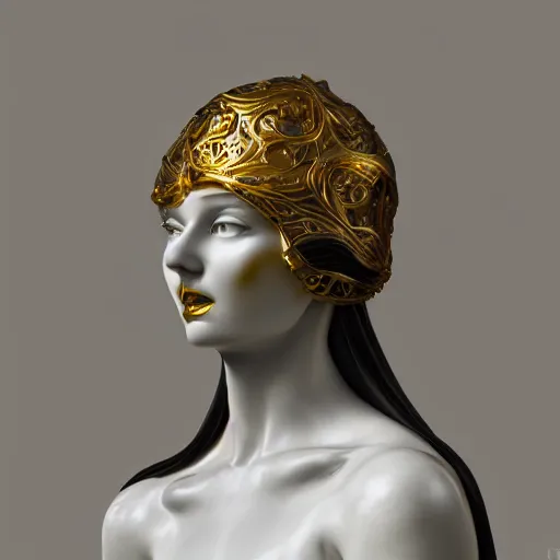 Prompt: smooth white marble statue face of gorgeous woman, black onyx details, black and gold wires, hyper realistic render, super detailed, photo quality, octane render, corona render