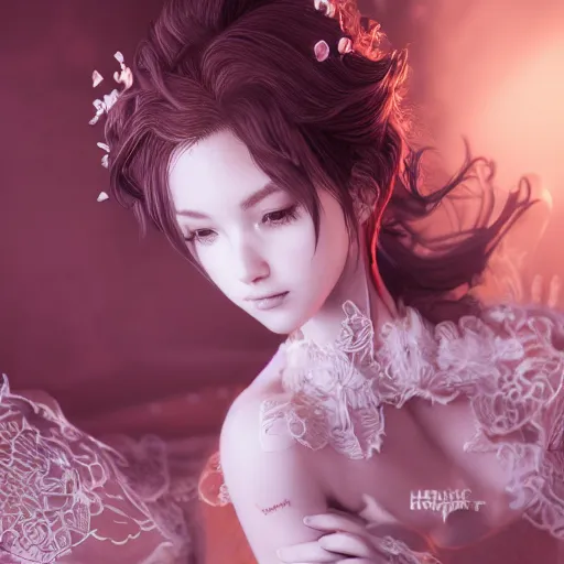 Image similar to the photoshoot of an absurdly beautiful, graceful, elegant, sophisticated young gravure idol made of strawberries and white petals with tears, an ultrafine hyperdetailed illustration by kim jung gi, irakli nadar, intricate linework, bright colors, octopath traveler, final fantasy, unreal engine 5 highly rendered, global illumination, radiant light, detailed and intricate environment