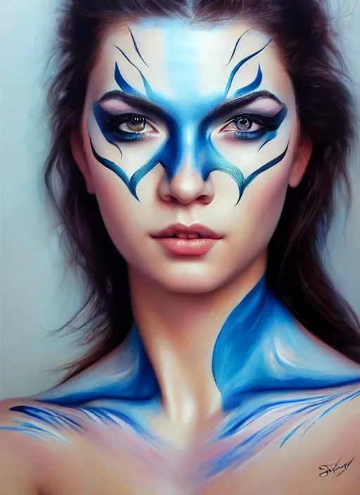 Prompt: full body photo of a gorgeous young woman in the style of stefan kostic, wild face painting, realistic, sharp focus, 8k high definition, insanely detailed, intricate, elegant, art by stanley lau and artgerm