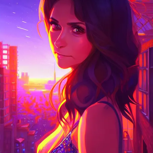 Prompt: a beautiful nina dobrev, nightime, apartment background, intricate, highly detailed, digital painting, artstation, official media, anime key visual, concept art, rich vivid colors, ambient lighting, sharp focus, illustration, art by Artgerm, Makoto Shinkai, Ilya Kuvshinov, Lois Van Baarle, and Rossdraws