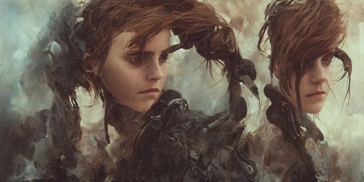 Image similar to emma watson closeup baroque cyberpunk flight suit gritty oily futuristic asymmetric beksinski moebius