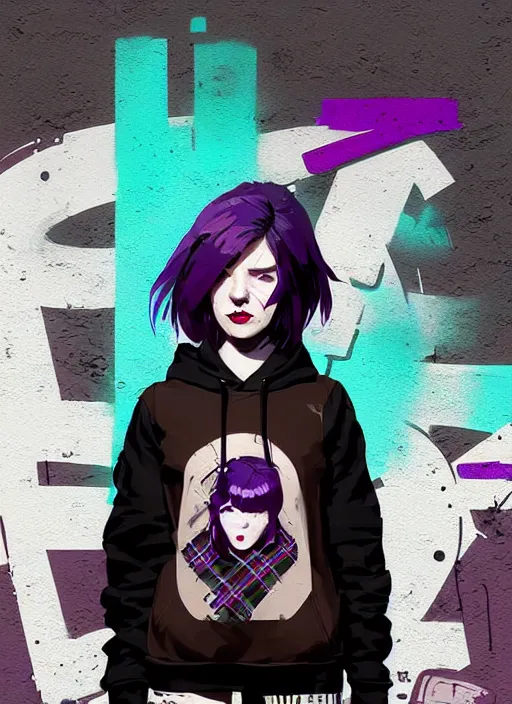 Image similar to highly detailed portrait of a sewer punk lady student, blue eyes, tartan hoody, purple hair by atey ghailan, by greg rutkowski, by greg tocchini, by james gilleard, by joe fenton, by kaethe butcher, gradient green, black, brown and magenta color scheme, grunge aesthetic!!! ( ( graffiti tag wall background ) )