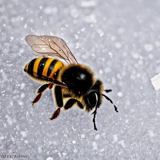 Image similar to a bee finding a beautiful flower made of snowflakes in antarctica, only snow i the background, beautiful macro photography, ambient light