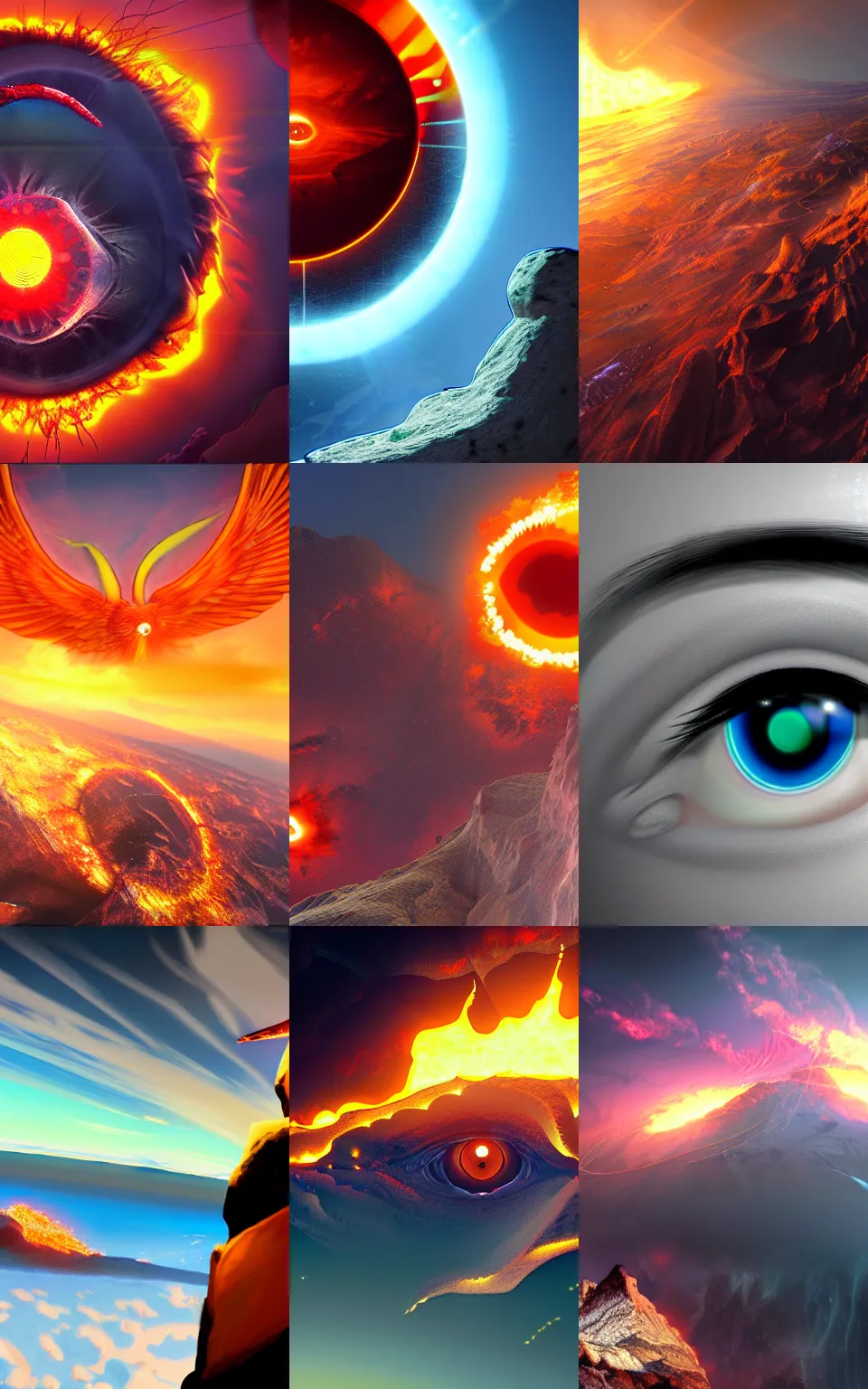 Prompt: fiery eye watching from the top of mount olympus,hyper reality,concept art,digital art,photorealistic,8k