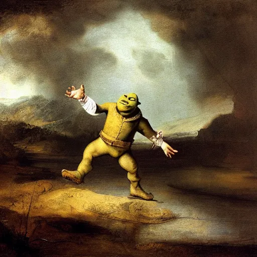 Prompt: Shrek walking on water, oil painting on canvas (1756), rembrandt