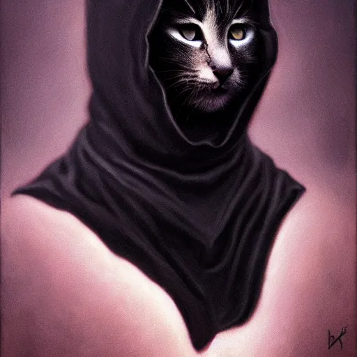 Image similar to a portrait of a kitten wearing a black hood, cloak covering face, anatomically correct, beautiful perfect face, enigmatic, oil painting, matte, black background, Volumetric dynamic lighting, Highly Detailed, Cinematic Lighting, Unreal Engine, 8k, HD, by Beksinski