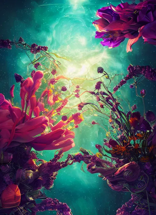 Image similar to An epic fantastic realism comic book style painting of the most beautiful entwined flowers launched across the dark galactic night sky, nebulous bouquets, fisheye lens, unreal 5, DAZ, hyperrealistic, octane render, dynamic lighting