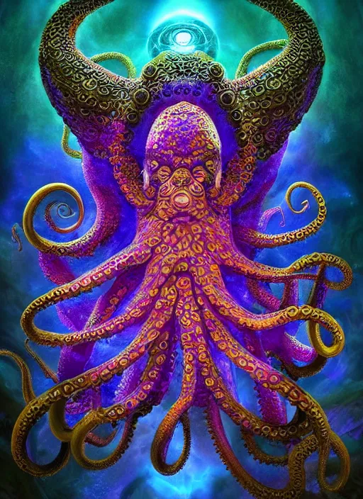 Image similar to octopus god within the whole infinite time capsule apparent with awe the apparition, an idea drips into infinite spirals, highly detailed in volumetric latent space, golden turquoise purple futuristic steampunk, galaxy mandalas mandelbrot high contrast cinematic light, mystical shadows, visionary art sharp focus, divine realm of gods, octane render, artist by boris vallejo,