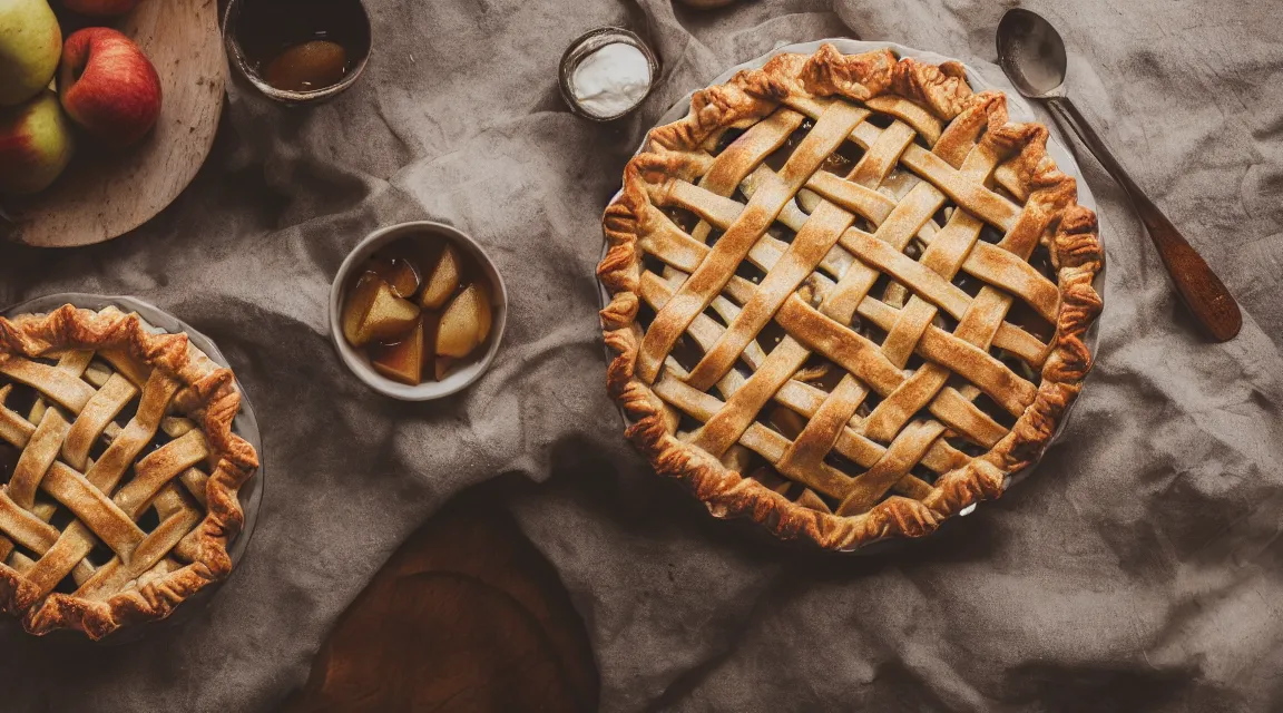 Prompt: photo of a delicious apple pie on a plate on the table of a rustic farmhouse in cornwall food photography, photorealistic, ultra realistic, maximum detail, recipes.com, epicurious, instagram 8k, volumetric light, cinematic, octane render