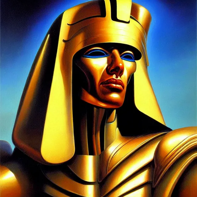 Image similar to a beautiful painting cyberpunk robot king of egypt face, by boris vallejo realistic oil painting